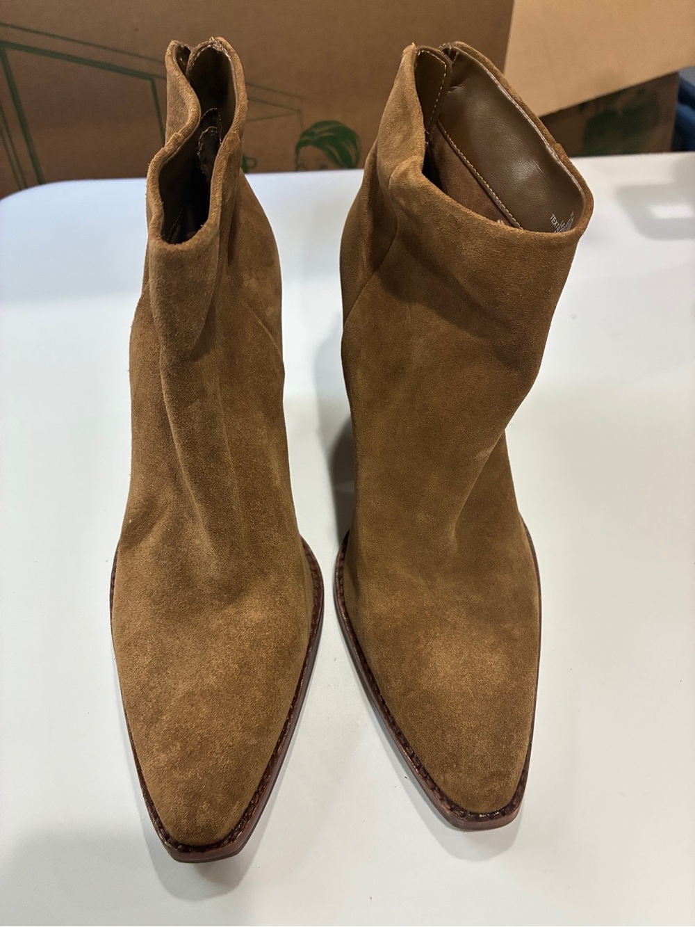 Vince Camuto Suede Pointed-Toe Ankle Booties in Cognac